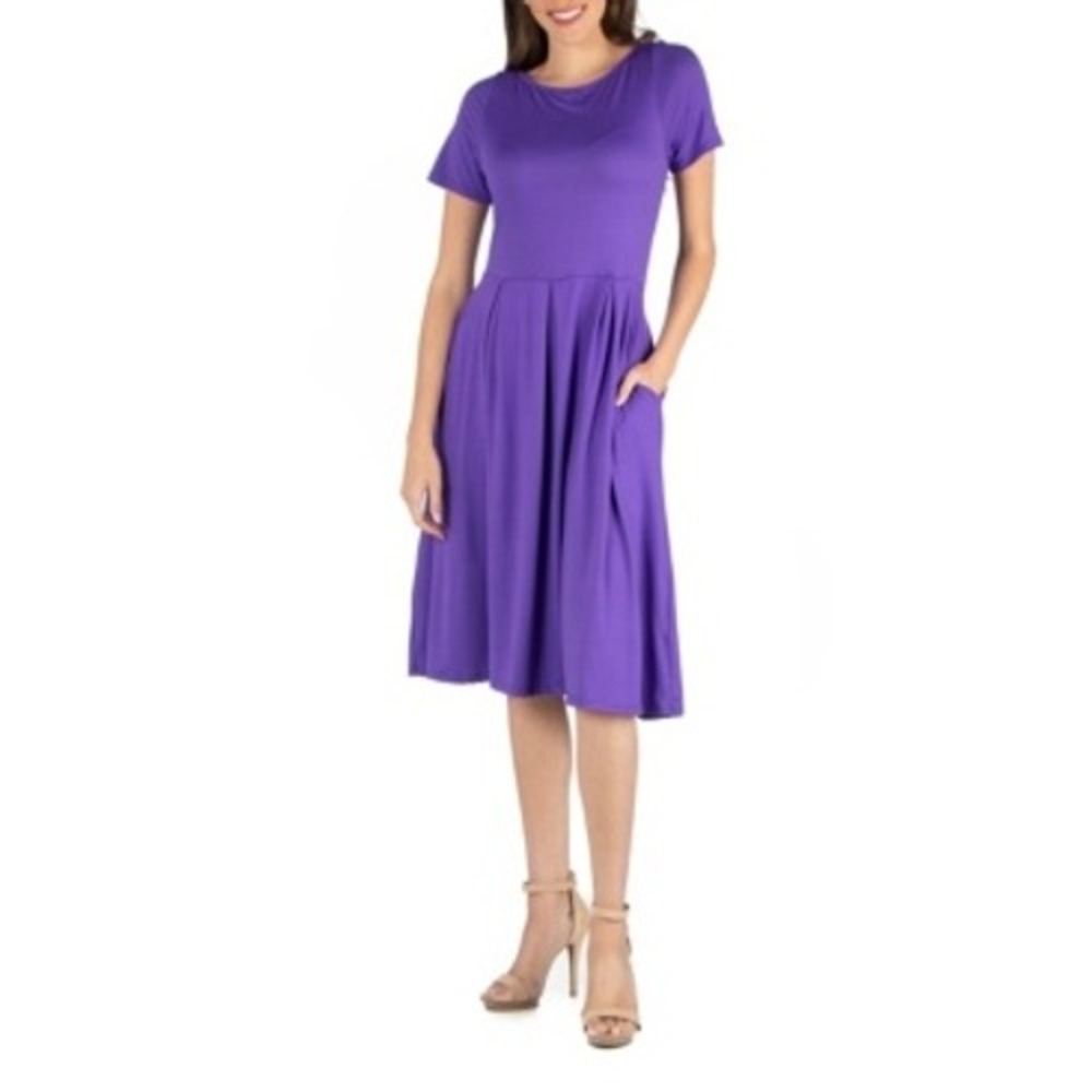24seven Dress Womens XL Purple Solid Pleated Midi A-Line Flared Casual NWT
